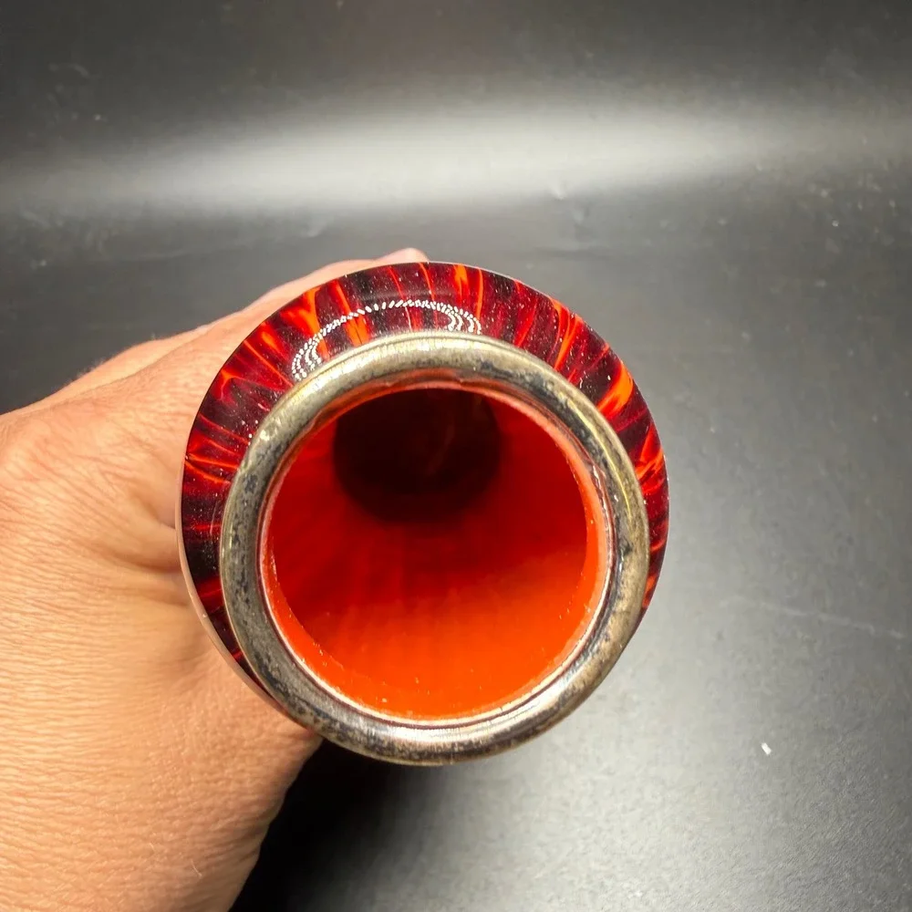 Vintage Red Orange Tortoiseshell Art Glass Bud Vase Metallic Rim 7.75 Inch MCM